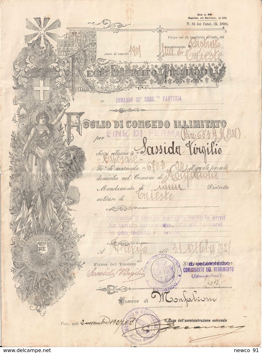 REGIO ESERCITO ITLIANO FOGLIO DI CONGEDO ILLIMITATO COMANDO 55° REGGIMENTO FANTERIA - COMUNE DI MONFALCONE - 1927 - Documents