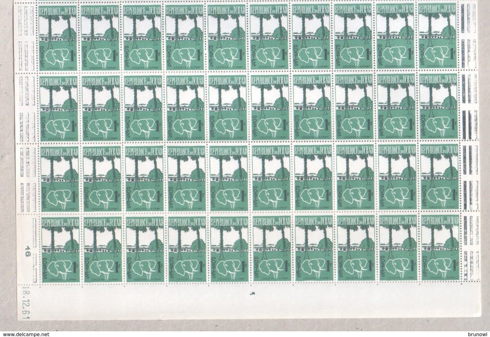 Chad MNH Sheet Of 1962 1F Elephant And Lagoon Stamps - Chad (1960-...)