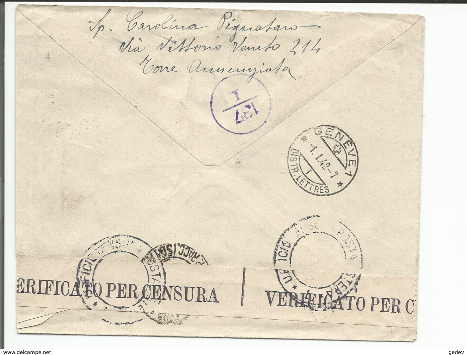 Italie, Lettre Recommandée Censure, Torre Annunziata - Croix Rouge Genève + Cachets (22.12.1941) - Marcophilia