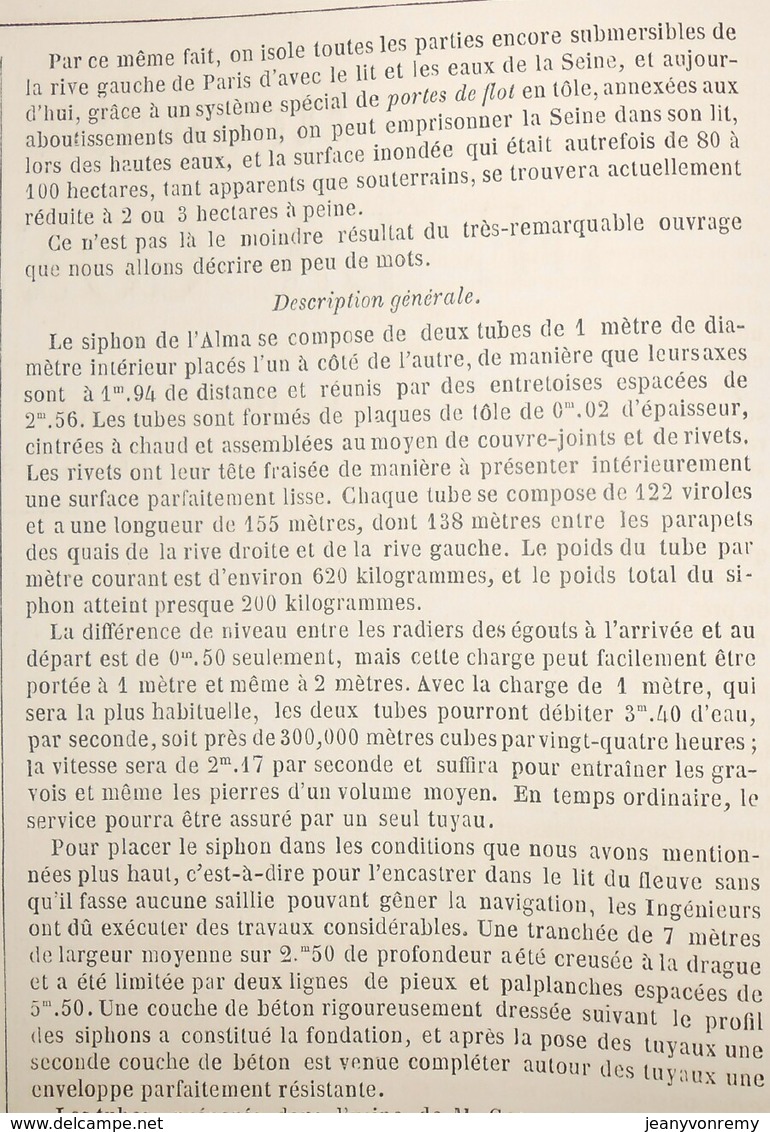 Plan Du Siphon Du Pont De L'Alma à Paris. 1869 - Travaux Publics