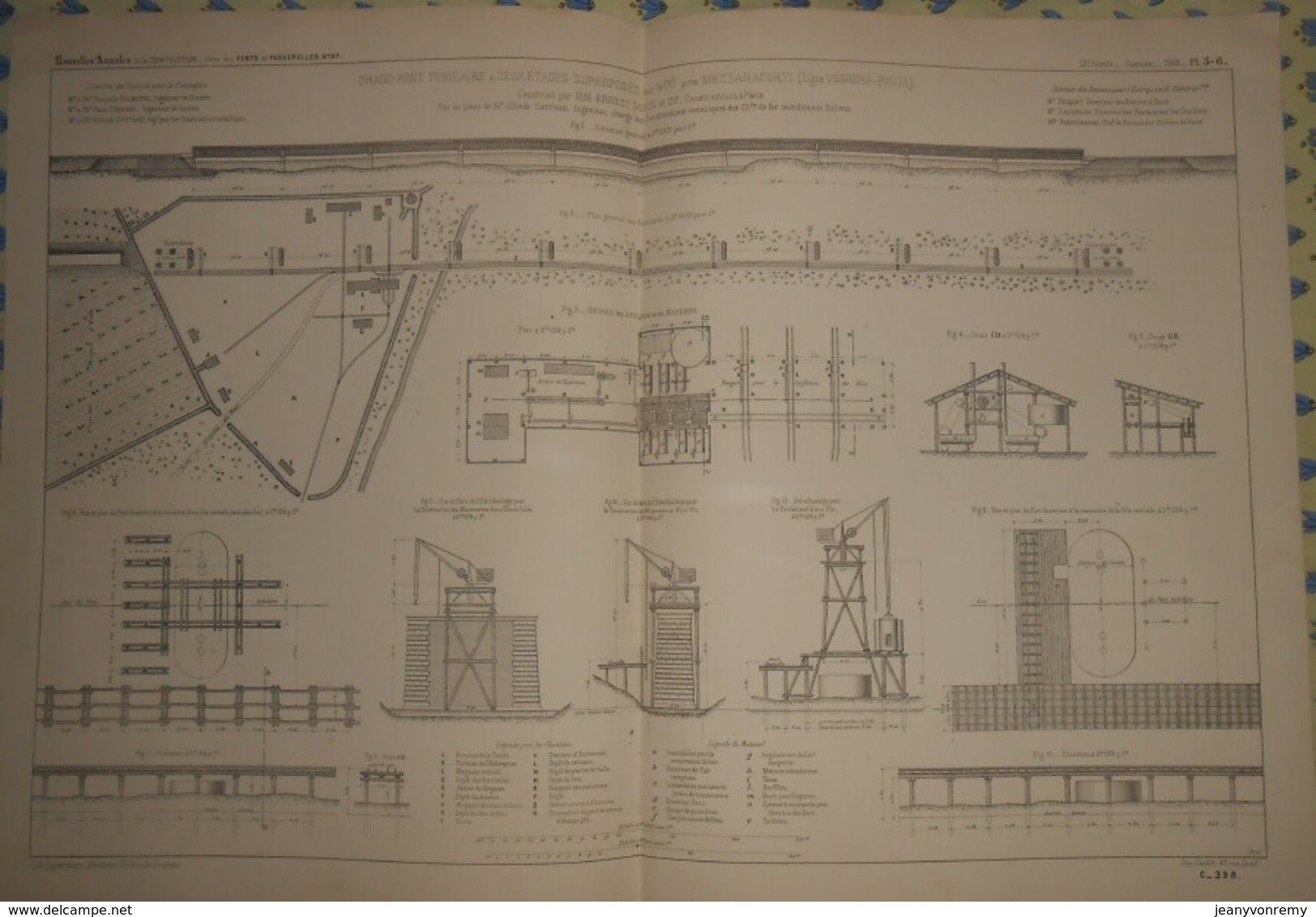 Plan Du Grand Pont Tubulaire à Deux étages Superposés Sur Le Pô Près De Mezzanacorti. Italie. 1869 - Obras Públicas