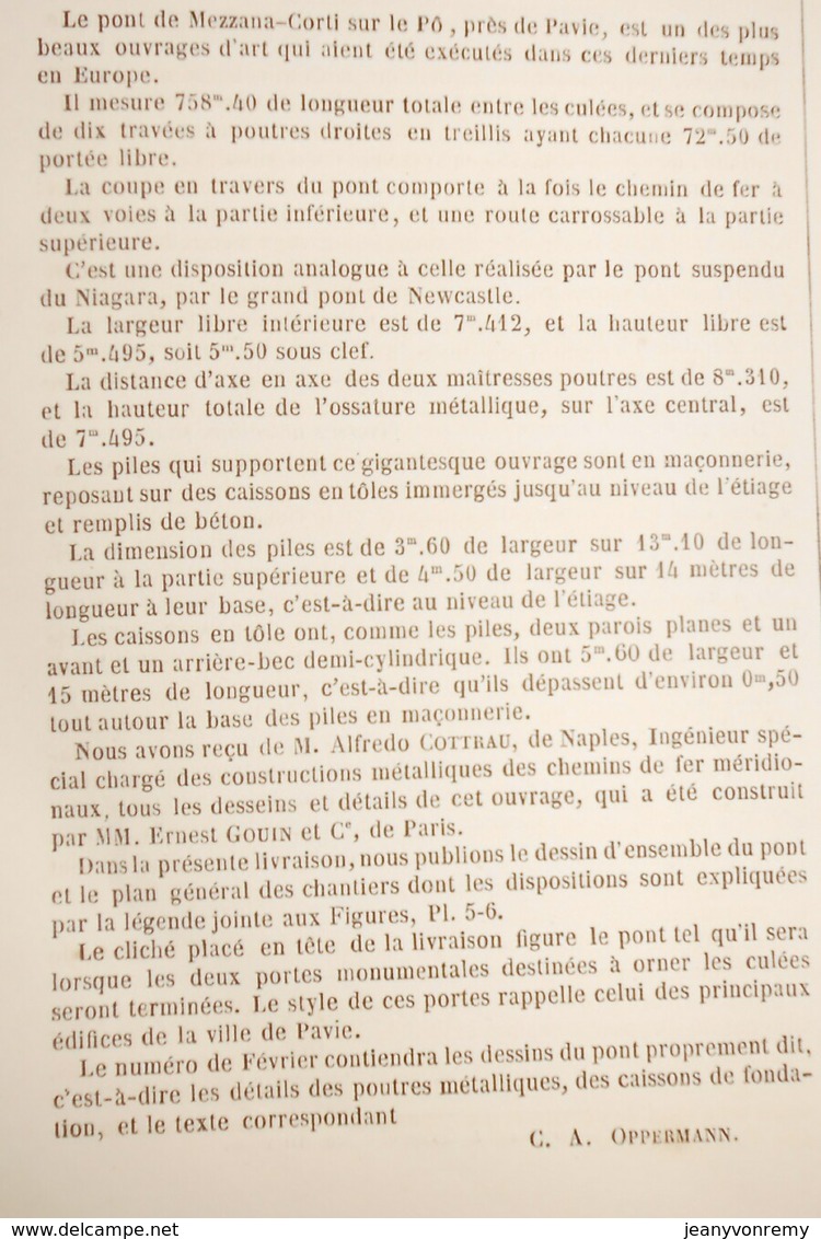 Plan Du Grand Pont Tubulaire à Deux étages Superposés Sur Le Pô Près De Mezzanacorti. Italie. 1869 - Travaux Publics