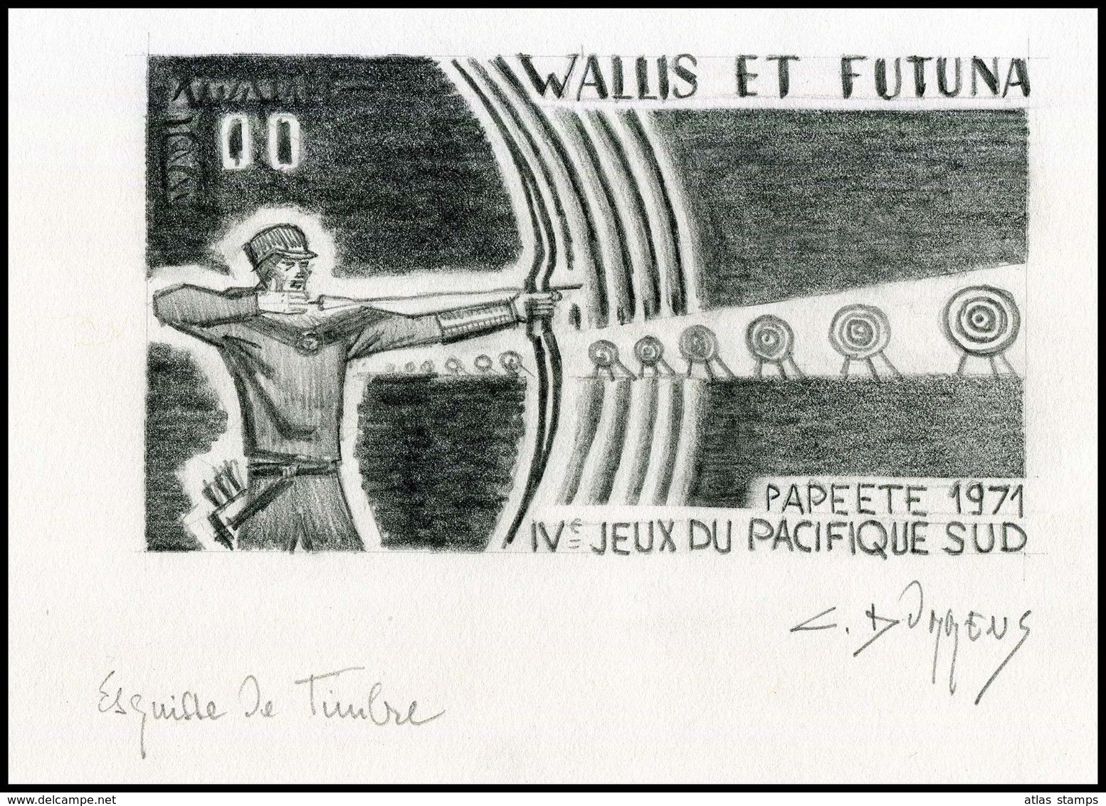 Wallis & Futuna 1971 - Sports  ( Tir à L’Arc ) ,Yvert# PA40 - Dessin Original , Signé - RARE - Imperforates, Proofs & Errors