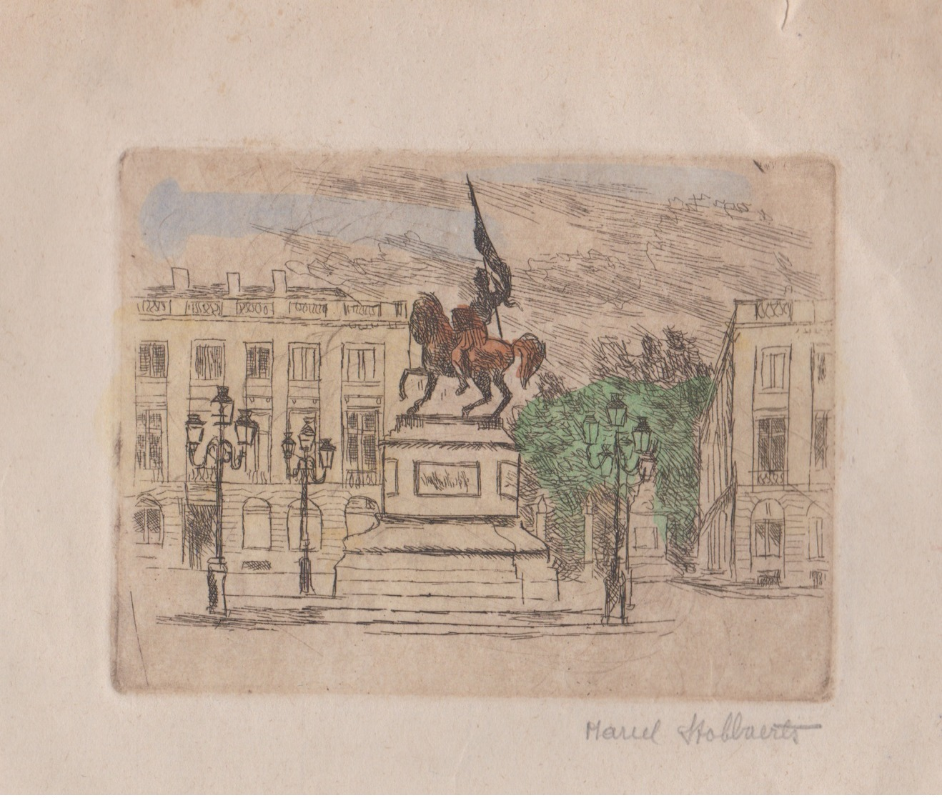 Gravure - Marcel Stobbaerts 1899 - 1979 - Monument à Godefroid De Bouillon – Bruxelles - Place Royale - Estampes & Gravures