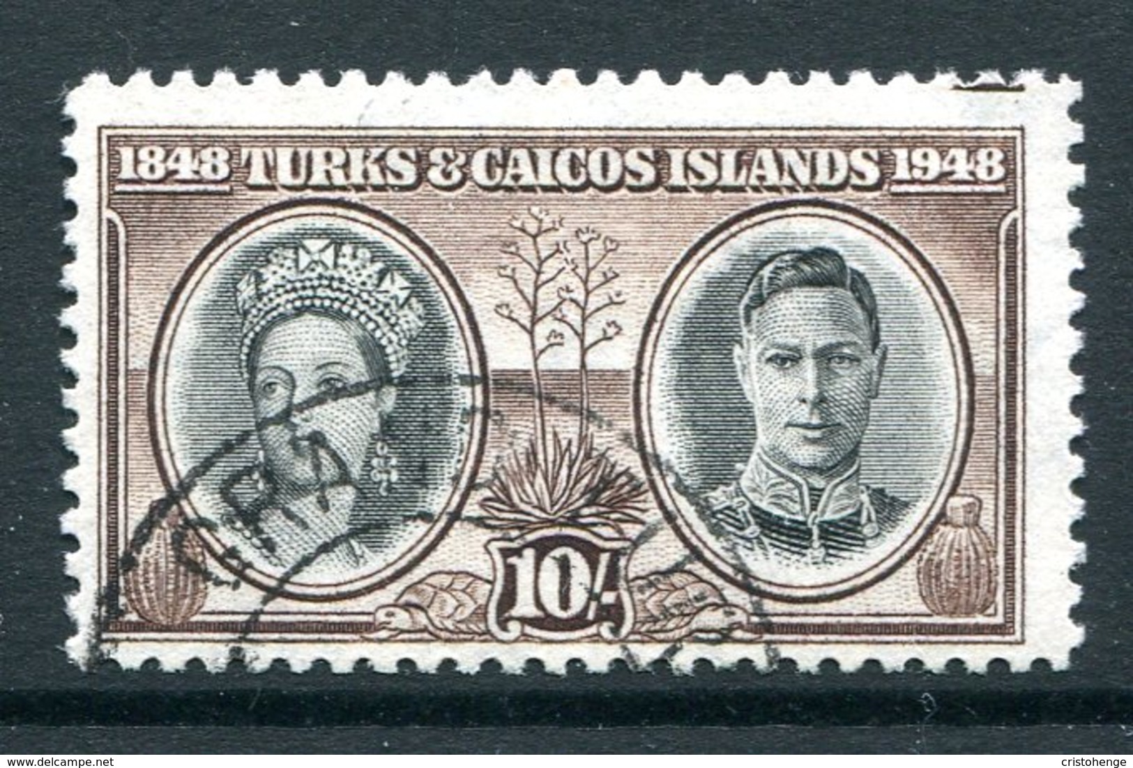 Turks And Caicos Islands 1948 KGVI Centenary Of Separation Of Bahamas - 10/- Value Used (SG 216) - Turks And Caicos