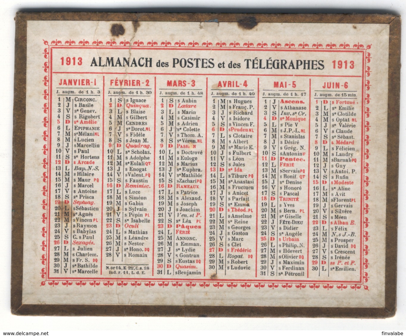 CALENDRIER ALMANACH DES POSTES ET TELEGRAPHES 1913 - Tamaño Grande : 1901-20