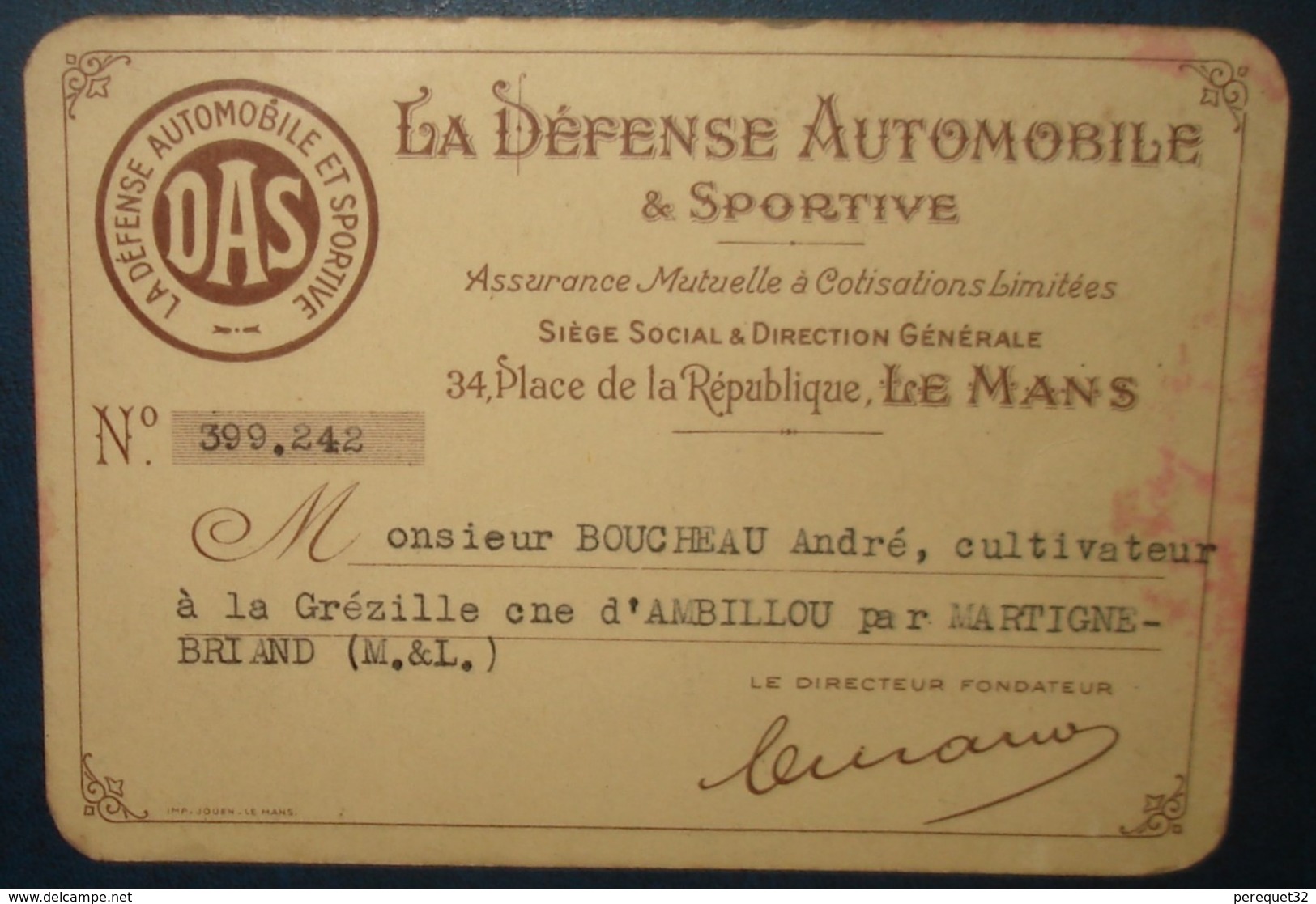 Carte D'Ahdérent De LA DEFENSE AUTOMOBILE & SPORTIVE. - Voitures