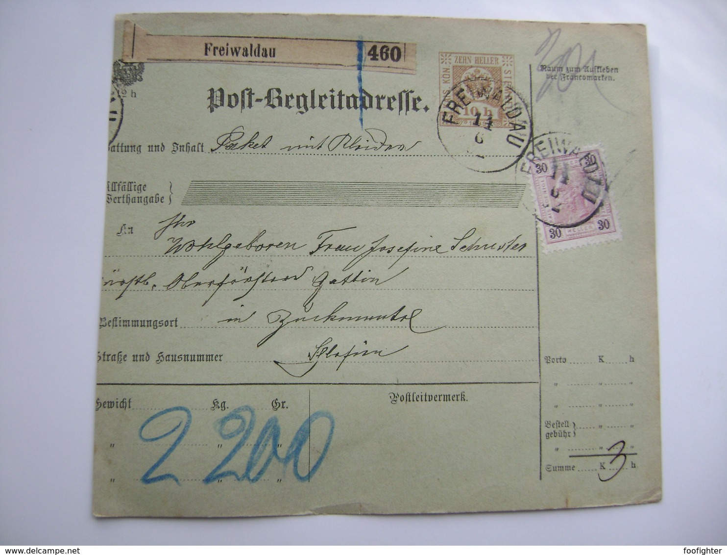 Austria 1902 - Post Begleitadresse FREIWALDAU Nr. 460 Nach ZUCKMANTEL (Schlesien), Porto Marke 3 Heller - Briefe U. Dokumente