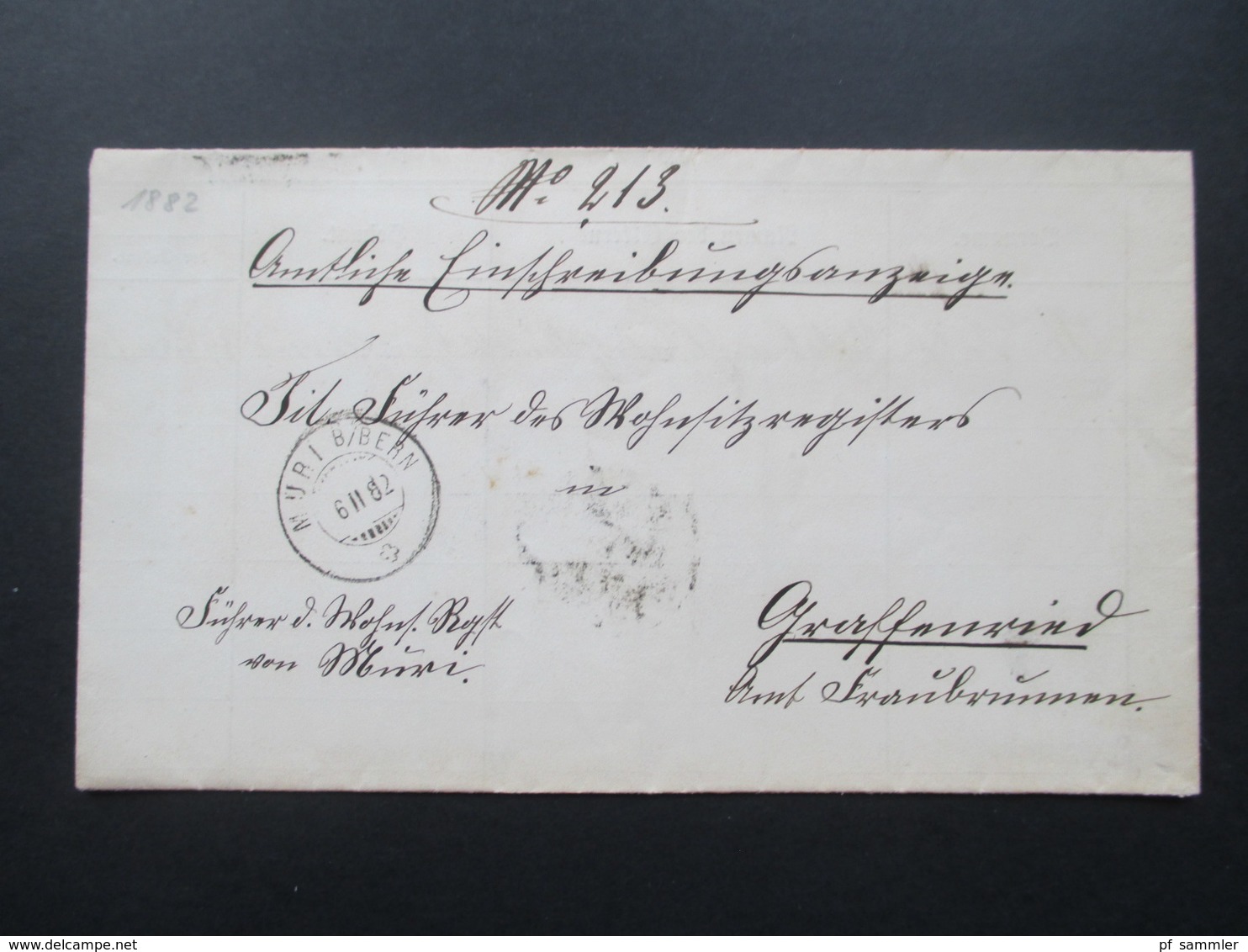 Schweiz 1882 Dienstpost Bern / Muri B/Bern. Enschreibungsanzeige. Interessantes Dokument! - Franquicia