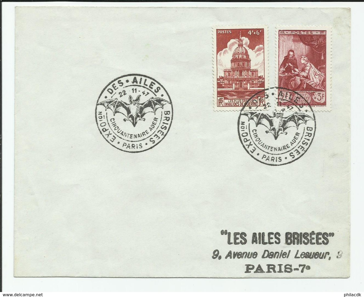 FRANCE - 2 TIMBRES SUR ENVELOPPE CAD EXPOSITION DES AILES BRISEES CINQUANTENAIRE ADER 22/11/1947 - Covers & Documents