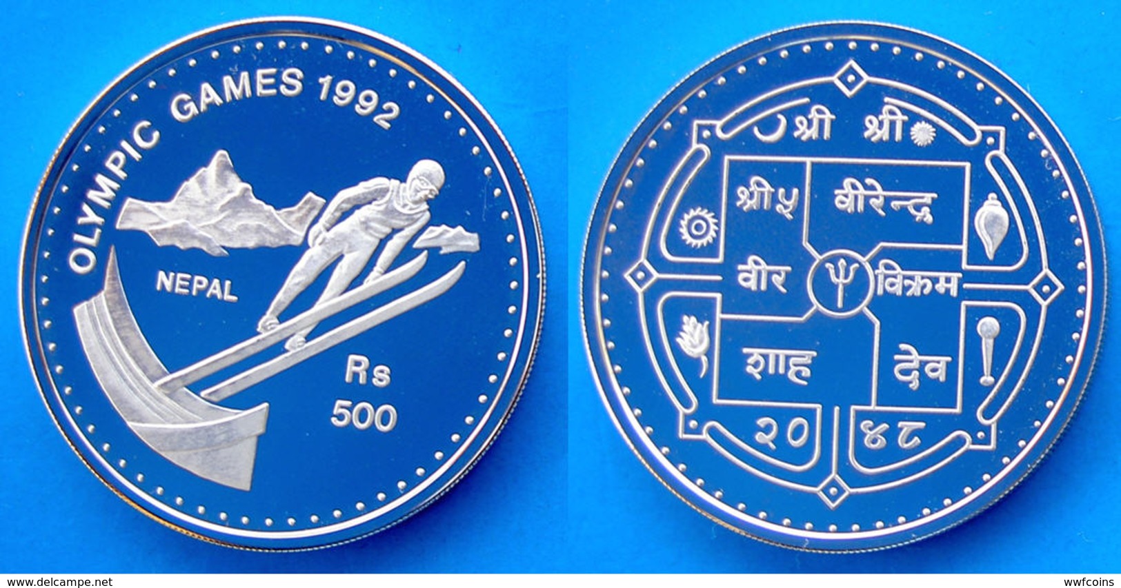 NEPAL 500 R 1992 ARGENTO PROOF TRAMPOLINO SCI OLYMPIC GAMES 92 PESO 31,47 TITOLO 0,925 CONSERVAZIONE FONDO SPECCHIO UNC. - Nepal