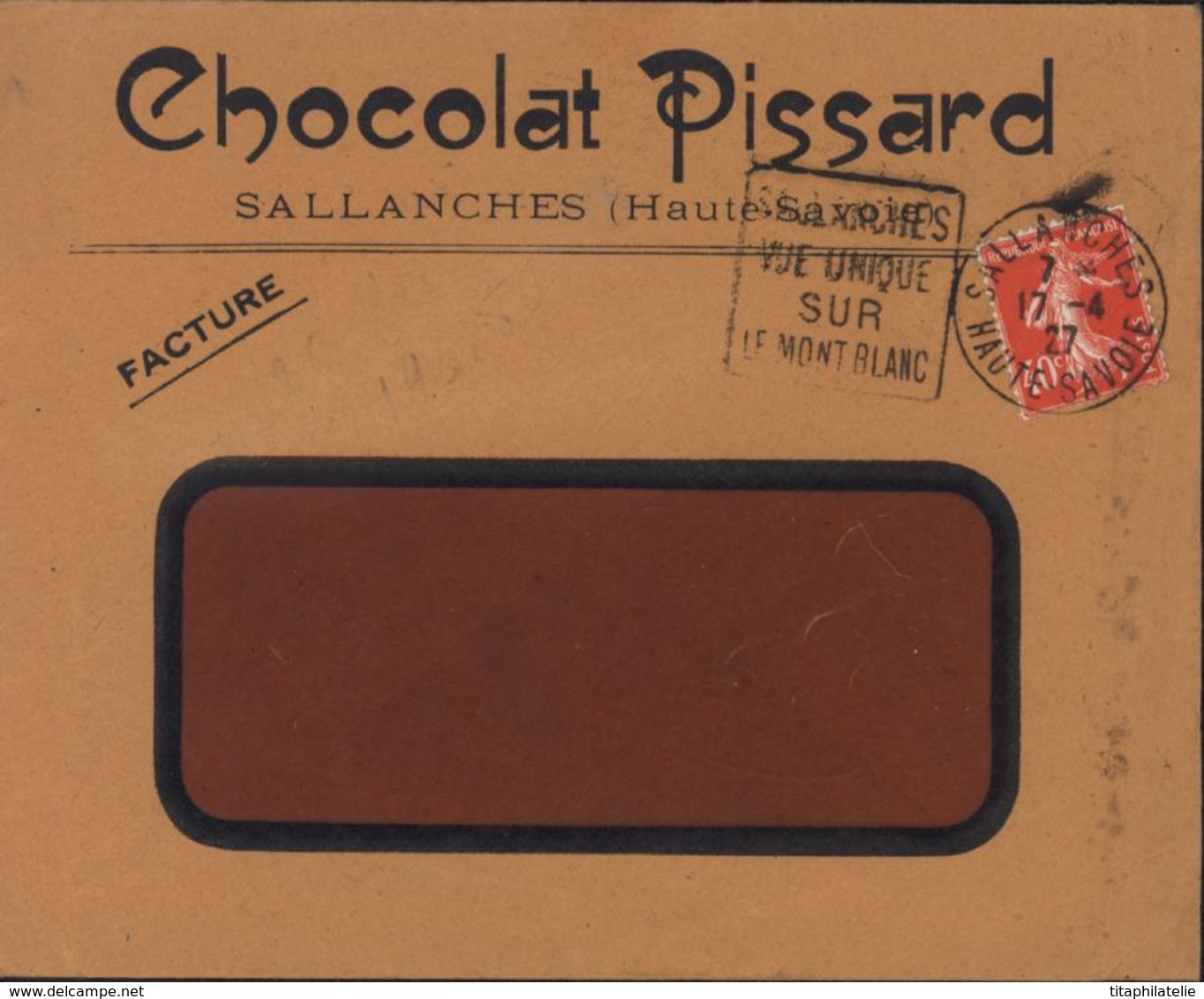 Enveloppe Chocolat Pissard Sallanches Haute Savoie Daguin Sallanches Vue Unique Sur Mont Blanc YT 194 Seul Sur Lettre - 1921-1960: Période Moderne