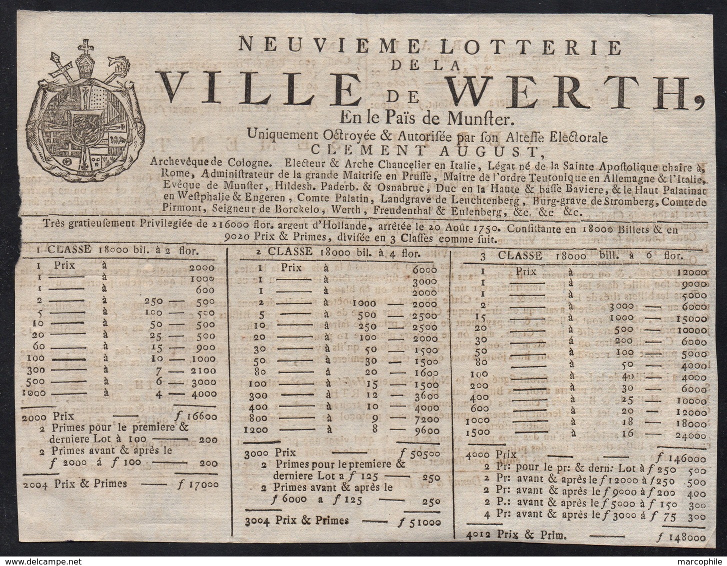 BILLET DE LOTERIE ORNE / 1780 VILLE DE WERTH PRES MUNSTER - ALLEMAGNE (ref 7647) - Billets De Loterie