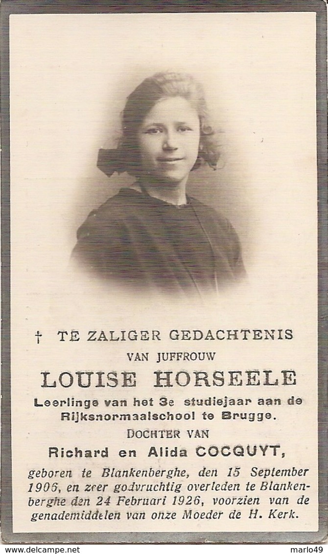 DP. LOUISE HORSEELE - BLANKENBERGHE 1905-1926 - LEERLING 3e STUDIEJAAR NORMAALSCHOOL BRUGGE - Godsdienst & Esoterisme