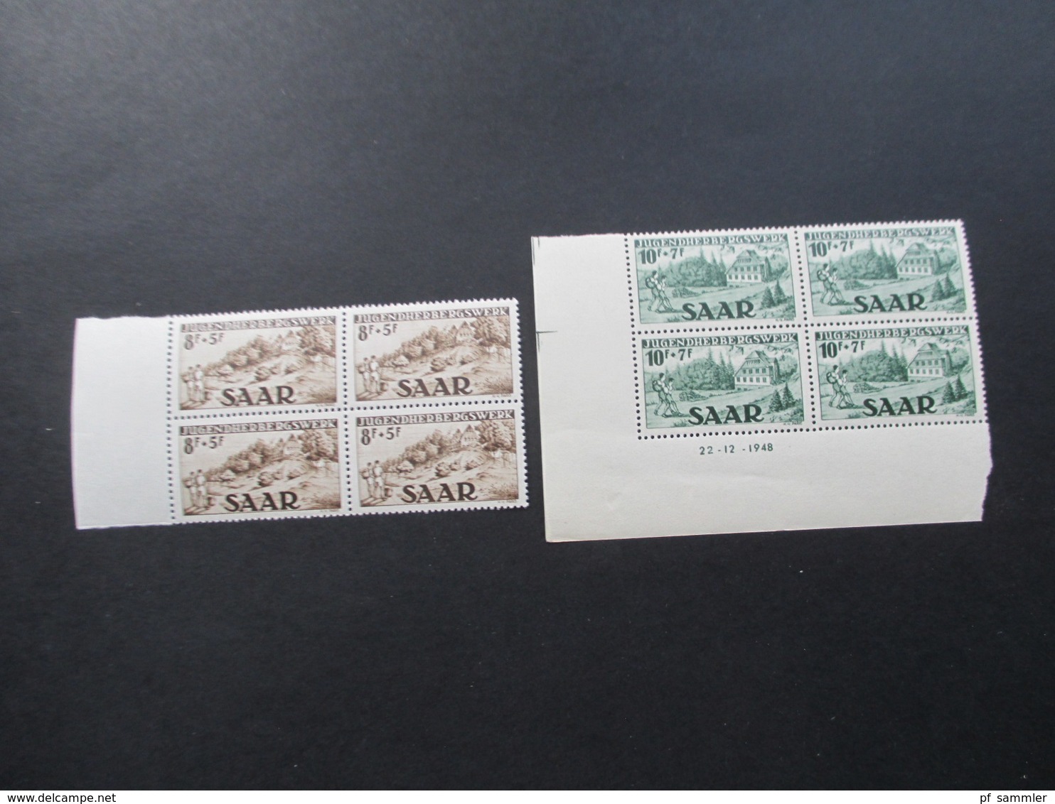 Saarland 1948 Jugendherbergswerk Als 4er Blocks Nr. 263 Mit Type I Und II + Druckdatum! Sauber ** / Postfrisch - Unused Stamps