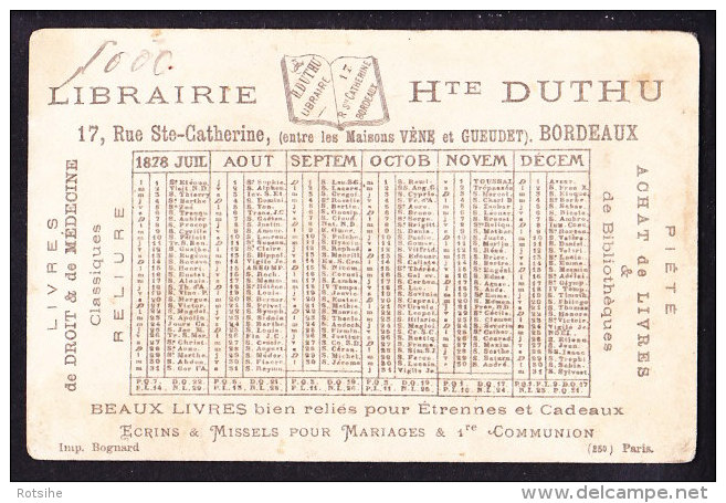 CHROMO Librairie Hte Duthu Bordeaux   Lith.  Bognard     Calendrier 1878    Le Chat Botté Conte Calendar - Autres & Non Classés