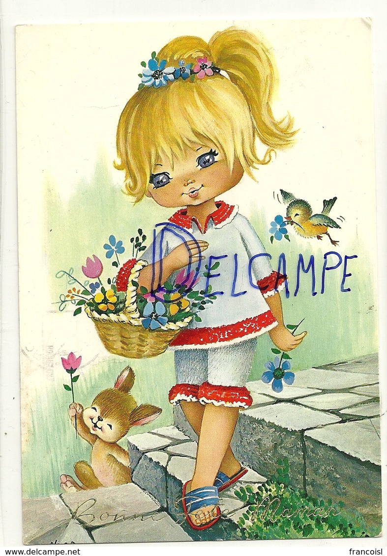 Big Eyes. Bonne Fête Maman. Petite Fille Blonde, Fleurs, Lapin, Oiseau. 1977 - Fête Des Mères