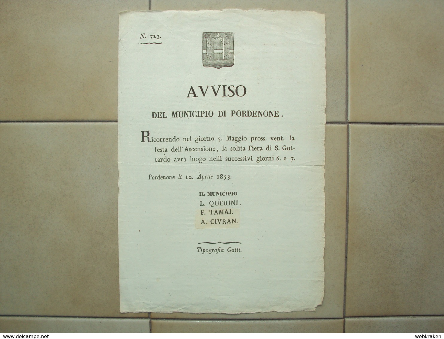 ITALIA REGNO FRIULI PORDENONE VECCHIO DOCUMENTO COMUNALE DEL 1853 MEDIA GRANDEZZA - Supplies And Equipment