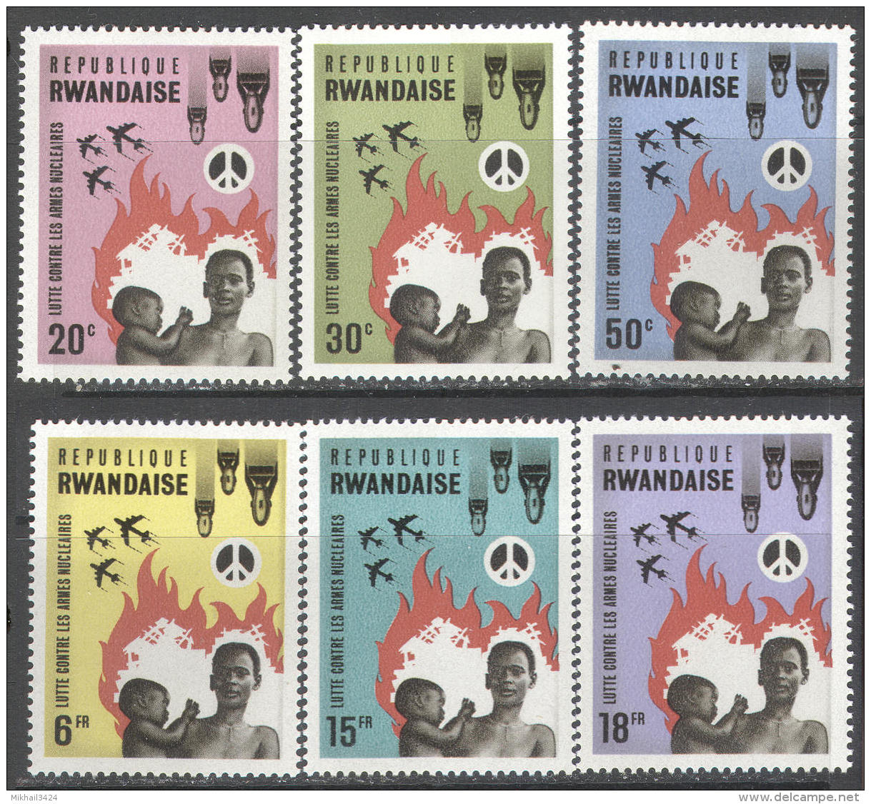 M1217 Militaria Anti-War Atomic Bomb 1966 Rwanda 6v Set MNH ** - Militaria