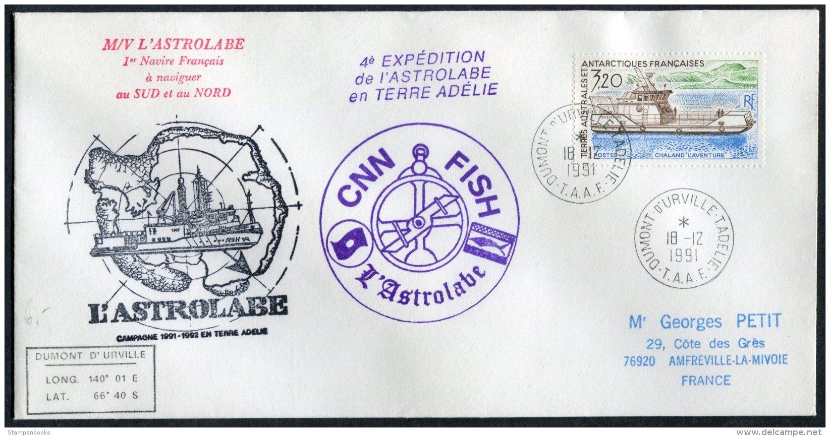 1991 T.A.A.F. France Antarctic Antarctica Dumont D'Urville FISH S.N.C. L'Astrolabe Expedition Ship Cover - Covers & Documents