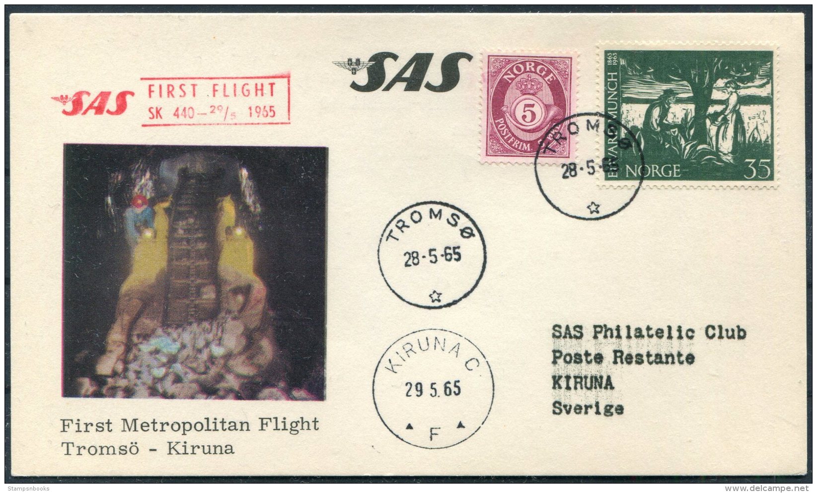 1965 Norway Tromso - Kiruna SAS First Flight Postcard. Edvard Munch Painting - Covers & Documents