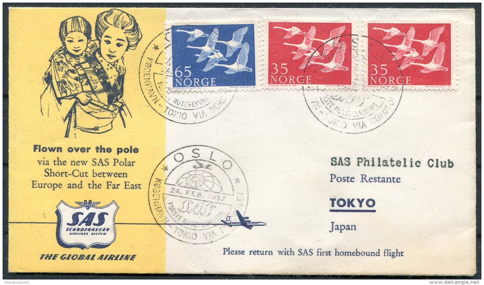 1957 Norway SAS First Flight Cover. Oslo - Tokyo, Japan. - Storia Postale