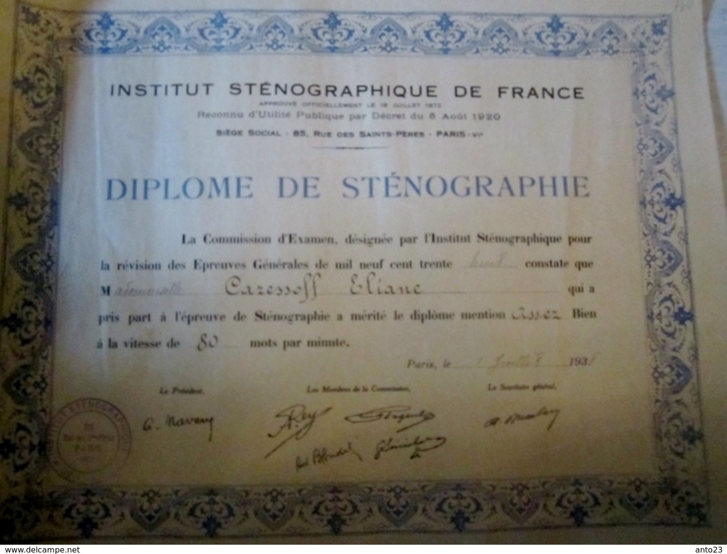 Diplôme De Sténographie 1937 - Diplômes & Bulletins Scolaires