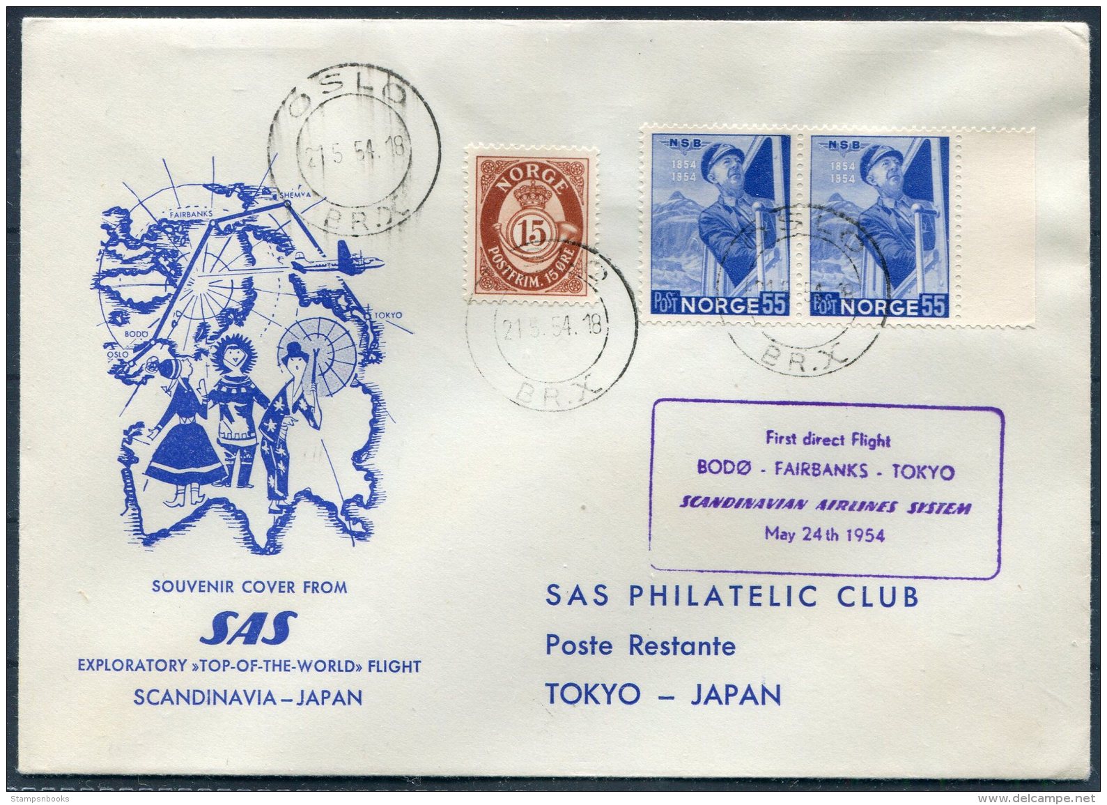 1954 Norway Japan SAS First Flight Cover.Oslo - Tokyo - Storia Postale