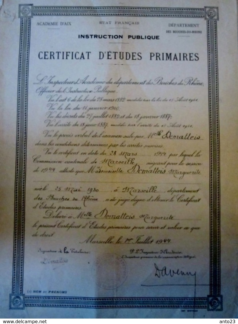 Certificat D 'étude Primaire Marseille  1944 - Diplômes & Bulletins Scolaires