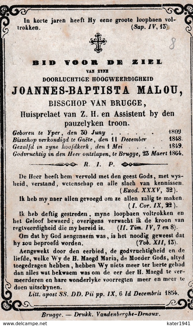 Bidprentje  Priester- Malou Joannes Baptista Brugge - Ieper 30.06.1809-  + Brugge 23.03.1864. - Religion & Esotérisme