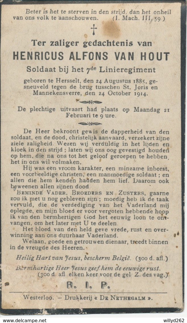 Gesneuveld WO I - VAN HOUT Henricus Alfons ° Herselt 1885 + Tegen Brug Sint-Joris En Mannekensvere 14 Oktober 1914 - Religion & Esotérisme