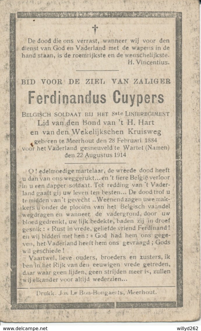 Gesneuveld WO I - CUYPERS Ferdinandus ° Meerhout 1884 + Wartet (Namen) 22 Augustus 1914 - Godsdienst & Esoterisme