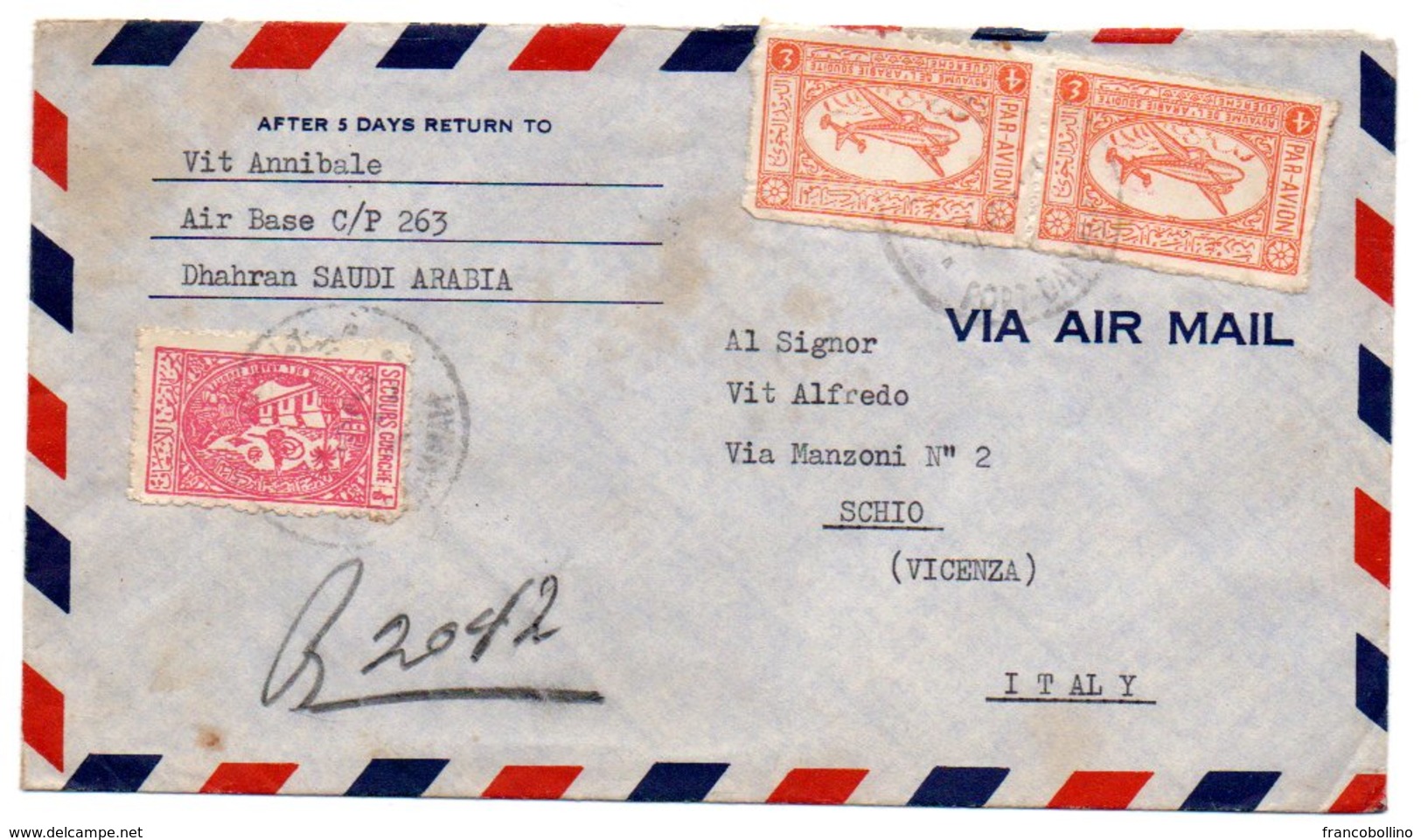ARABIE SAOUDITE/SAUDI ARABIA - REGISTERED AIR MAIL COVER TO ITALY 1956 - Saudi-Arabien