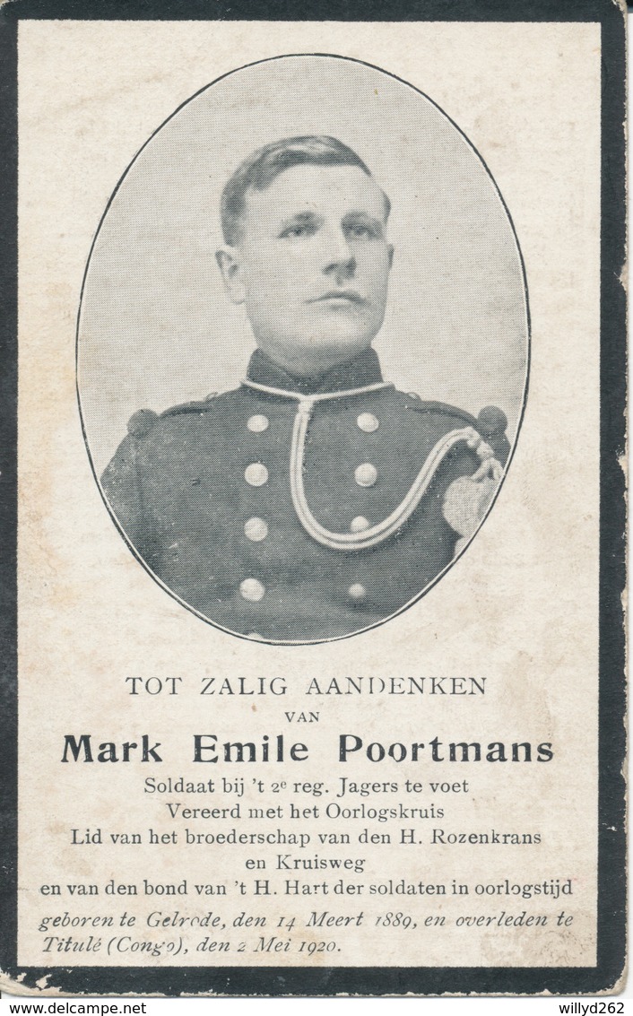 Oorlog WO I - POORTMANS Mark Emile ° Gelrode 1889 + Titulé (Congo) 2 Mei 1920 - Religión & Esoterismo