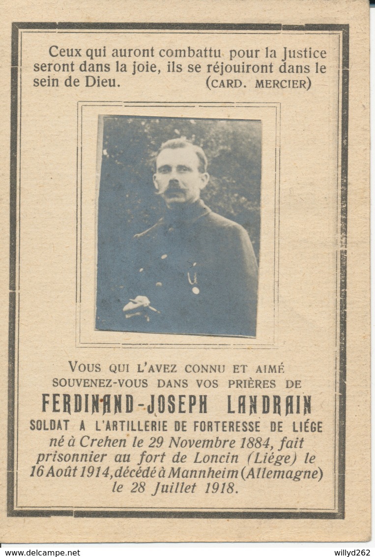Guerre 14/18 - Ferdinand Joseph LANDRAIN ° Crehen 1884 Prisonnier Fort De Loncin 16/8/1914 + Mannheim 28/7/1918 - Religion & Esotérisme