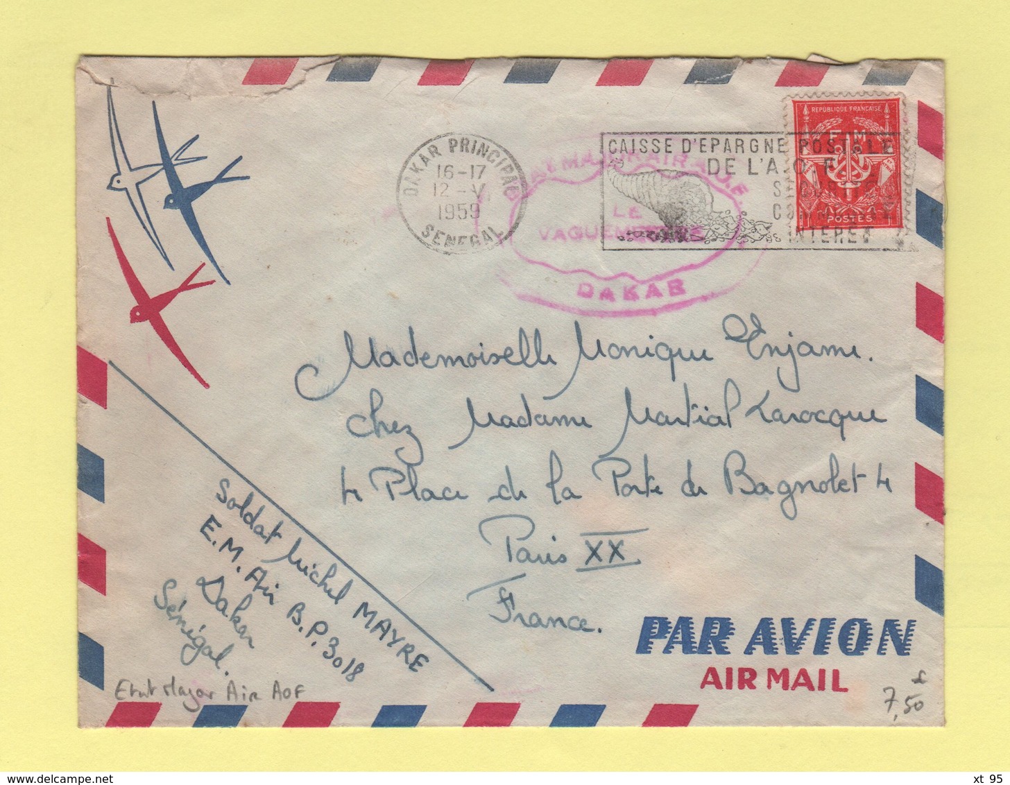 Timbre FM - Dakar Senegal - 1959 - Etat Major Air AOF - Militärische Franchisemarken