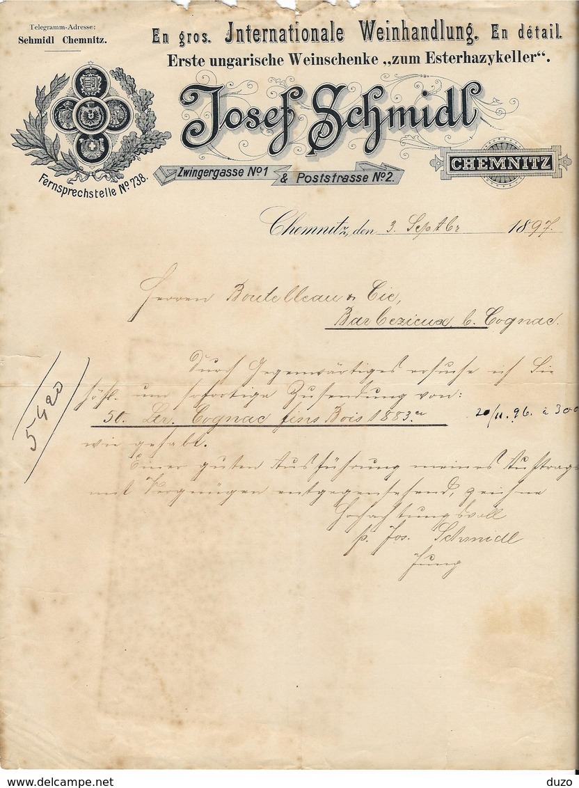 Allemagne. Chemnitz - Entête Du 3 Septembre 1897 - Josef Schmidl - International Weinhandlung. - 1800 – 1899