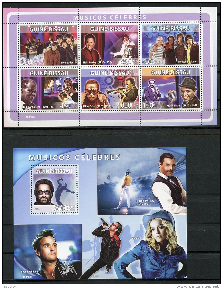 Guinea Bissau, 2008, Music, Beatles, Elvis, Rolling Stones, Armstrong, Sinatra, Bono, MNH, Michel 3972-3977, Block 677 - Guinée-Bissau