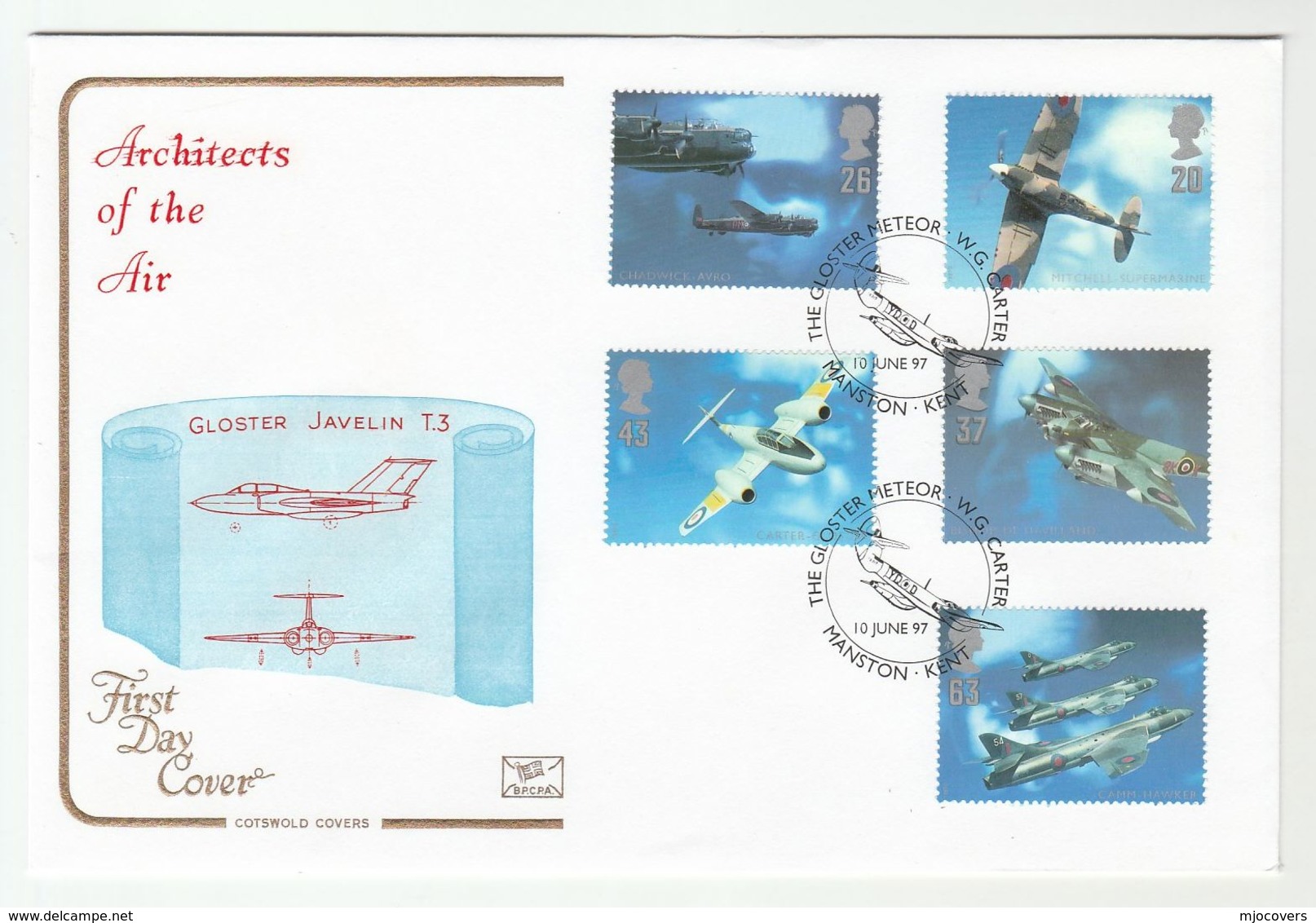 1997 Manston GB FDC ARCHITECTS OF AIR, SPECIAL Pmk GLOSTER METEOR ,  Stamps Cover Aviation Wwii Spitfire - Guerre Mondiale (Seconde)