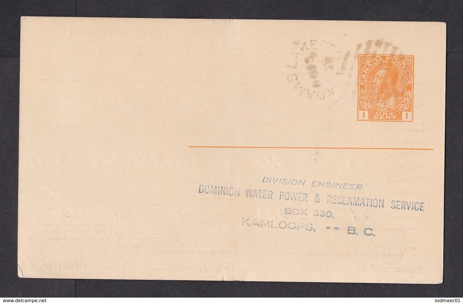 Canada: Stationery Postcard, 1925, Cancel Adams Lake, Private Imprint Water Height Observations (minor Glue At Back) - Brieven En Documenten