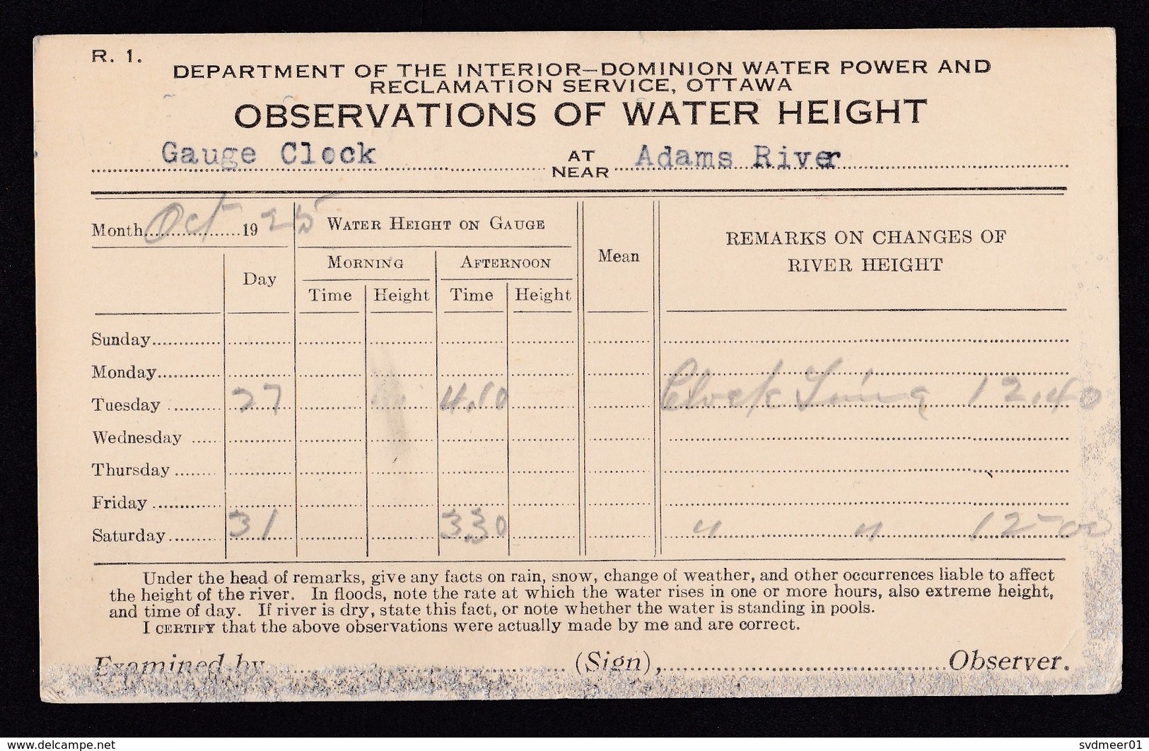 Canada: Stationery Postcard, 1925, Cancel Adams Lake, Private Imprint Water Height Observations (minor Glue At Back) - Brieven En Documenten