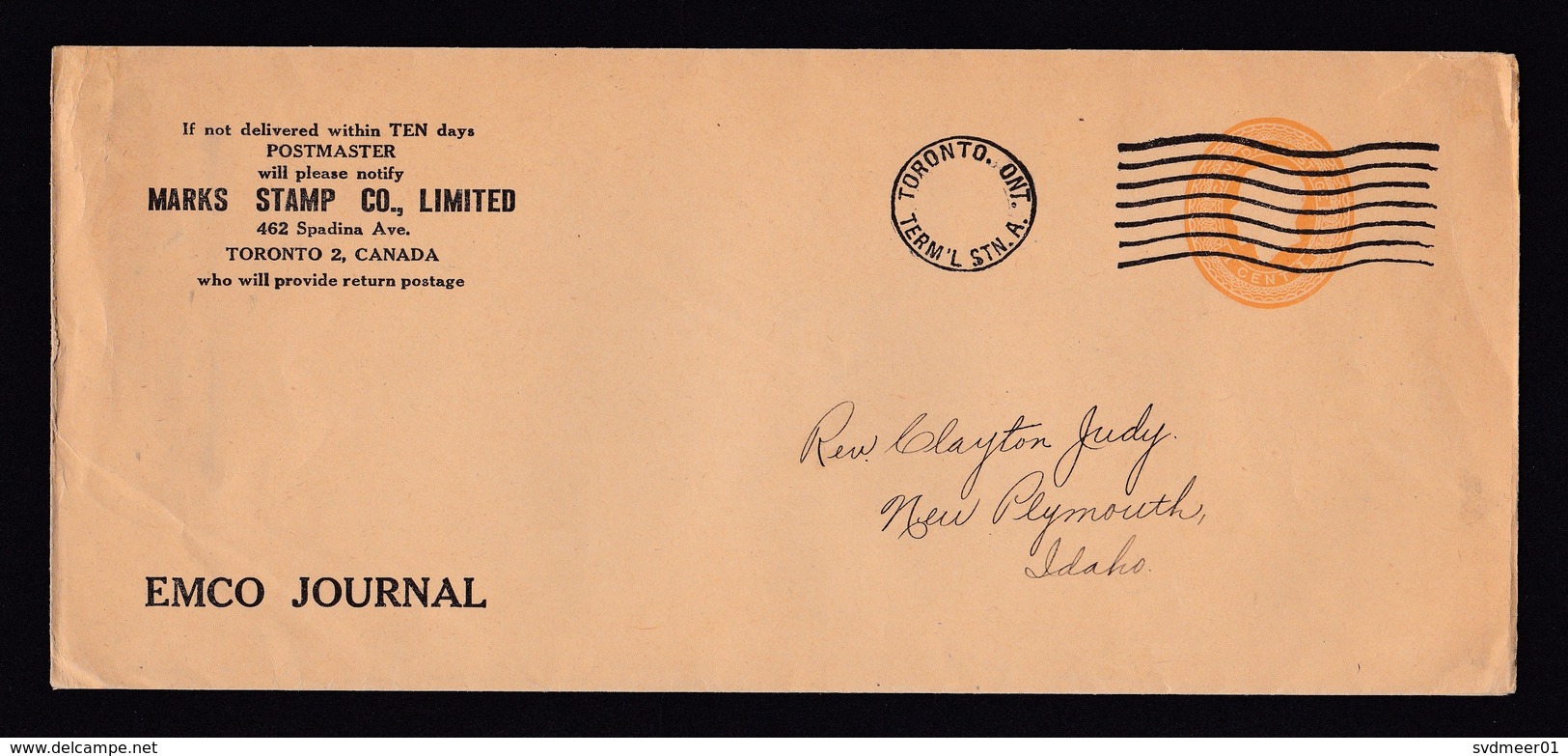 Canada: Stationery Cover, Dateless Cancel, Private Imprint Emco Journal Marks Stamp Co. (minor Creases) - Covers & Documents