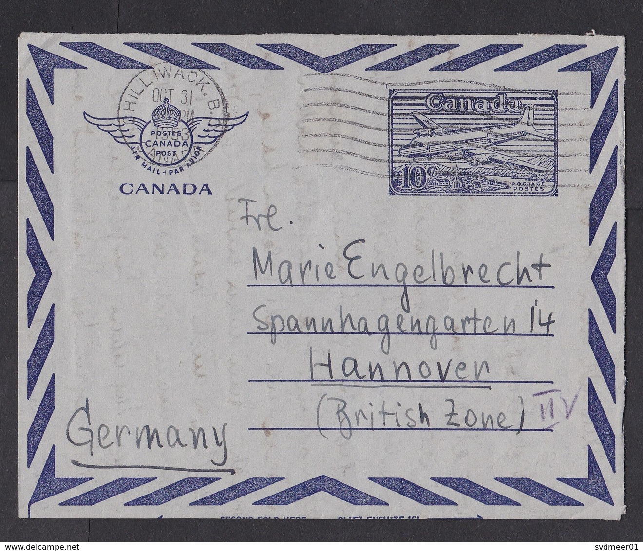 Canada: Stationery Aerogramme To Germany, 1953, Airplane, Air Letter (traces Of Use) - Brieven En Documenten