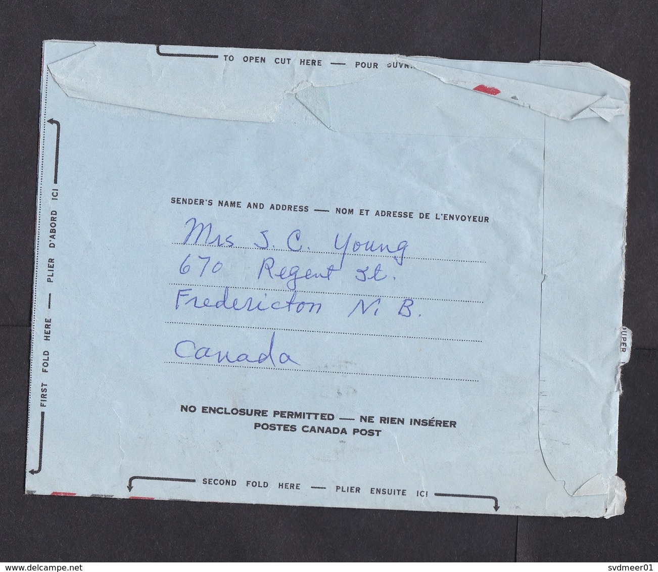 Canada: Stationery Aerogramme To USA, 1970, Maple Leaf, Air Letter (damaged, See Scan) - Brieven En Documenten