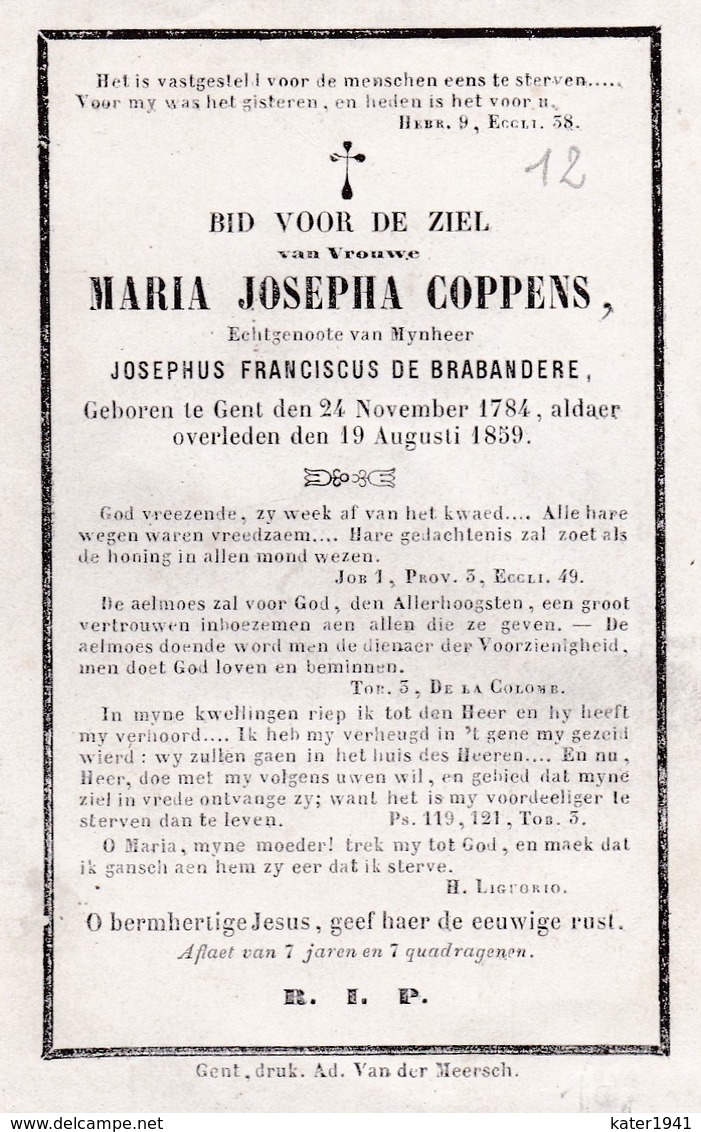 Bidprentje Coppens Maria Josepha - ° Gent 24.11.1784 - + Gent 19.08.1859. -  Mutsje - Godsdienst & Esoterisme