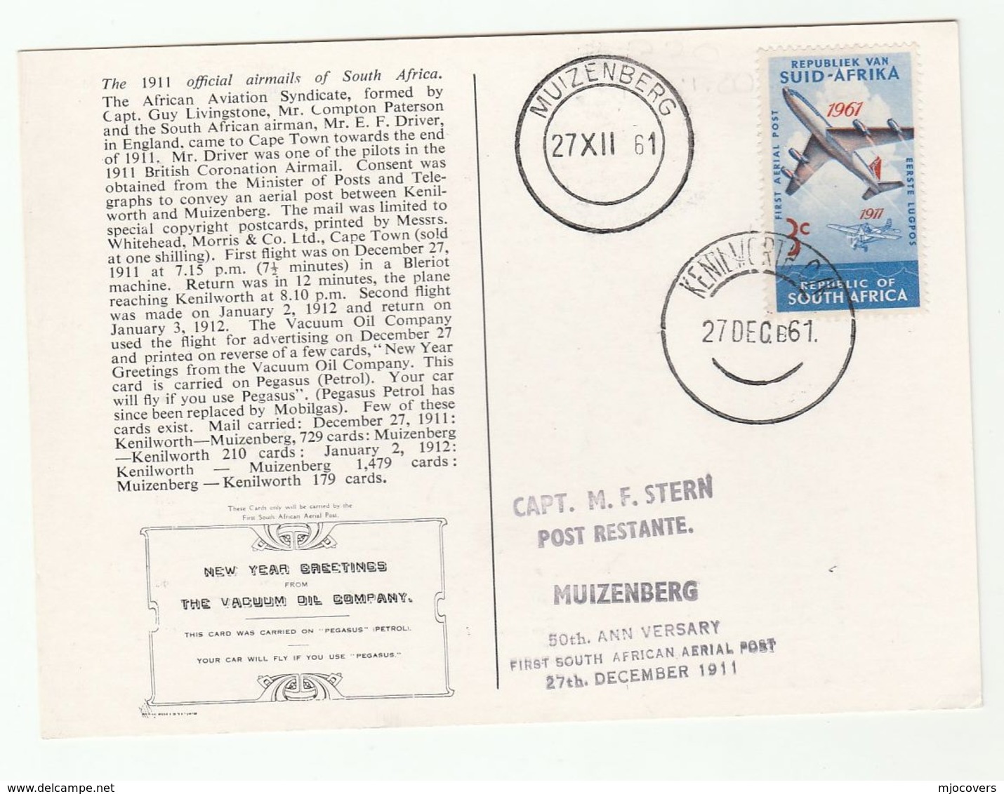 1961 SOUTH AFRICA Special FLIGHT COVER Card MUIZENBERG KENILWORTH  Aviation Stamps - Covers & Documents