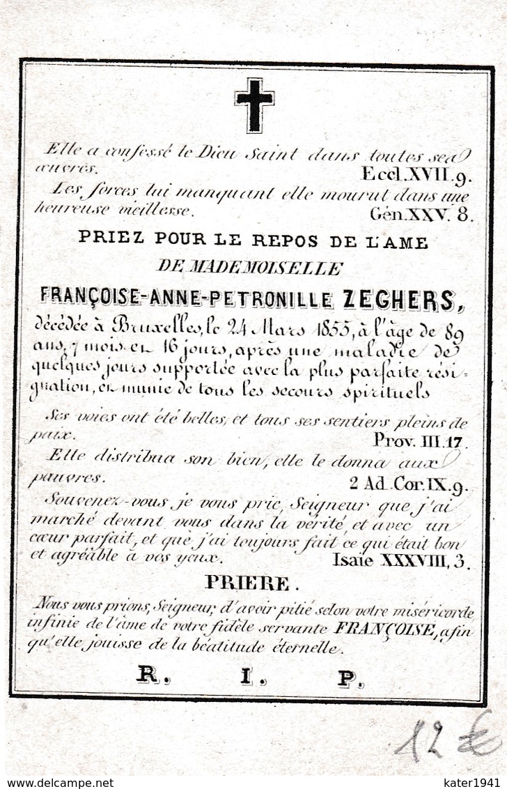 Bidprentje Litho - Zegers Françoise + Brussel- 24.03.1855- Mutsje - Religion & Esotérisme