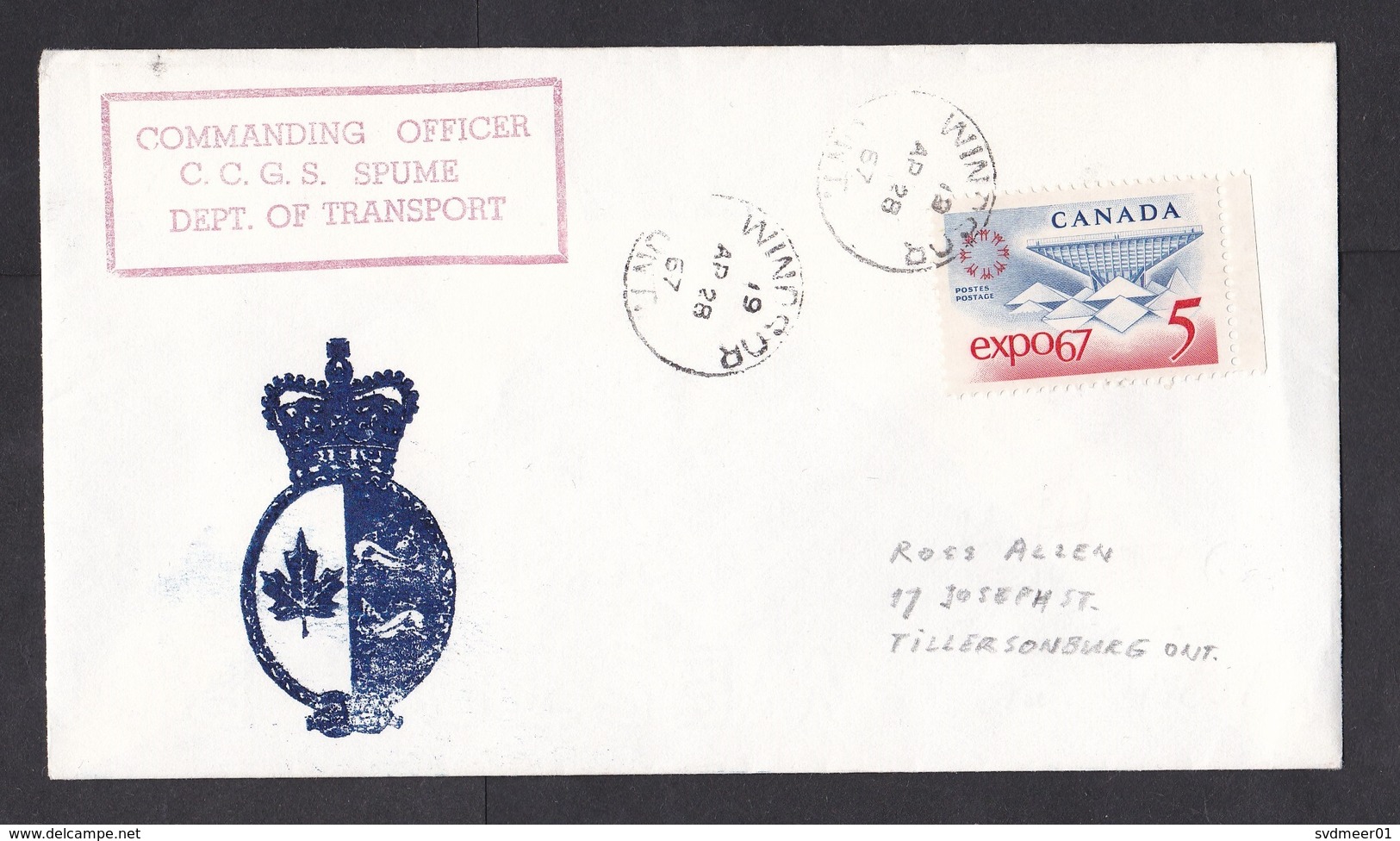 Canada: Cover, 1967, 1 Stamp, Expo, Cancel Windsor, From Commanding Officer CCGS Spume, Ship Coast Guard (traces Of Use) - Brieven En Documenten