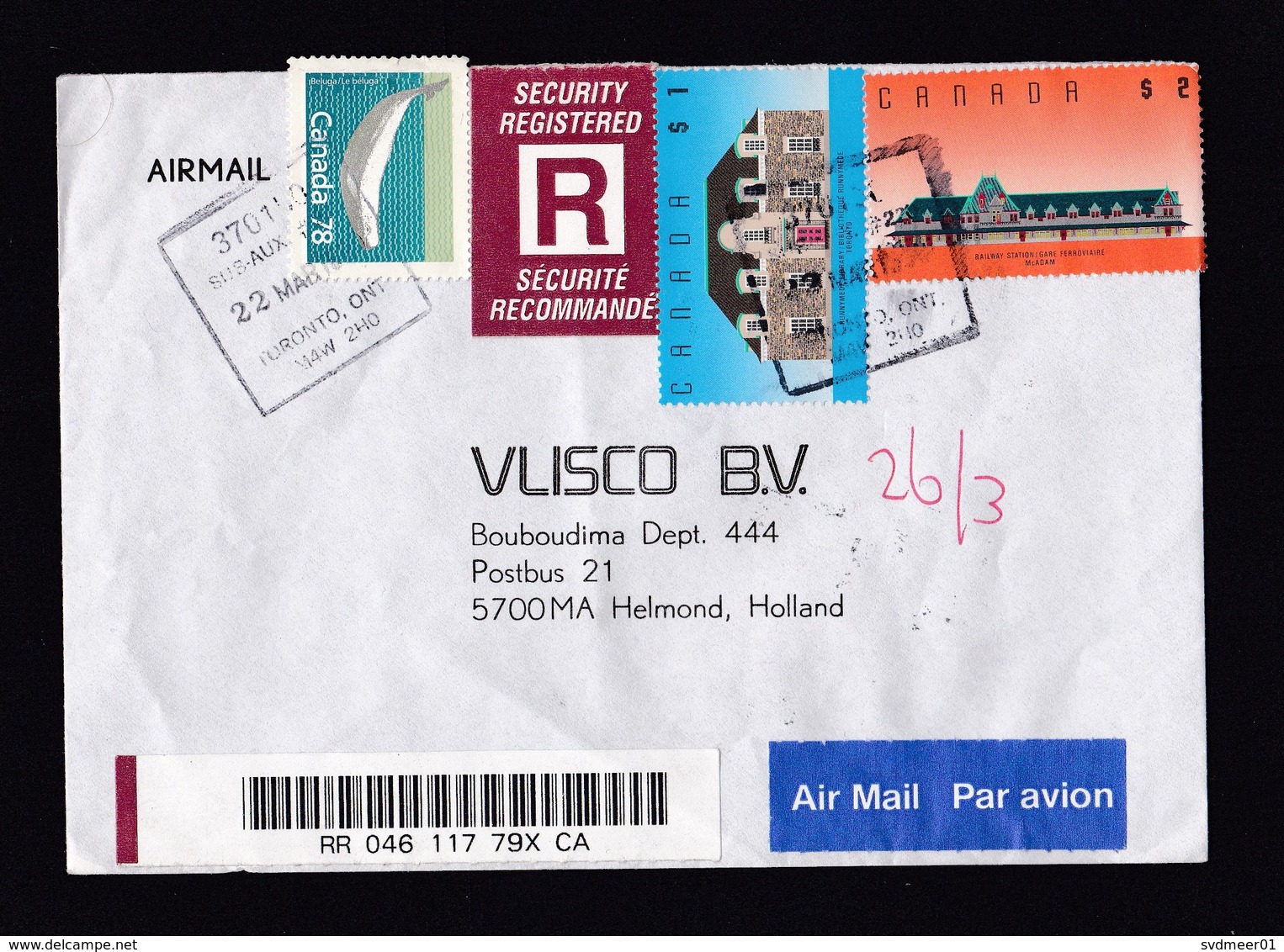 Canada: Security Registered Airmail Cover To Netherlands, 1990, 3 Stamps, High Value, Box Cancel, Label (minor Damage) - Brieven En Documenten