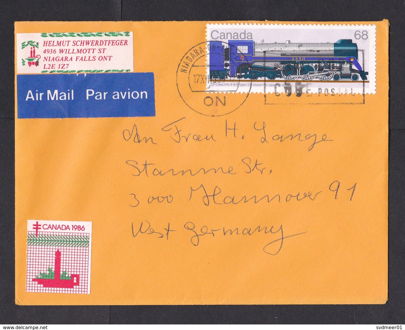 Canada: Airmail Cover Niagara To Germany, 1986, 1 Stamp, Steam Train, TB Cinderella Christmas, Air Label (traces Of Use) - Brieven En Documenten